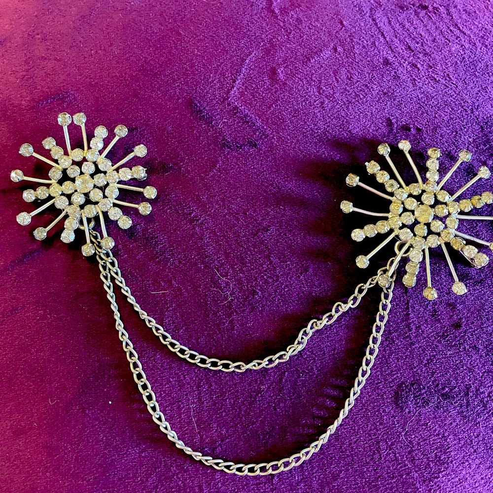 Vintage rhinestone brooch silver tone, unusual dual brooch with chain.